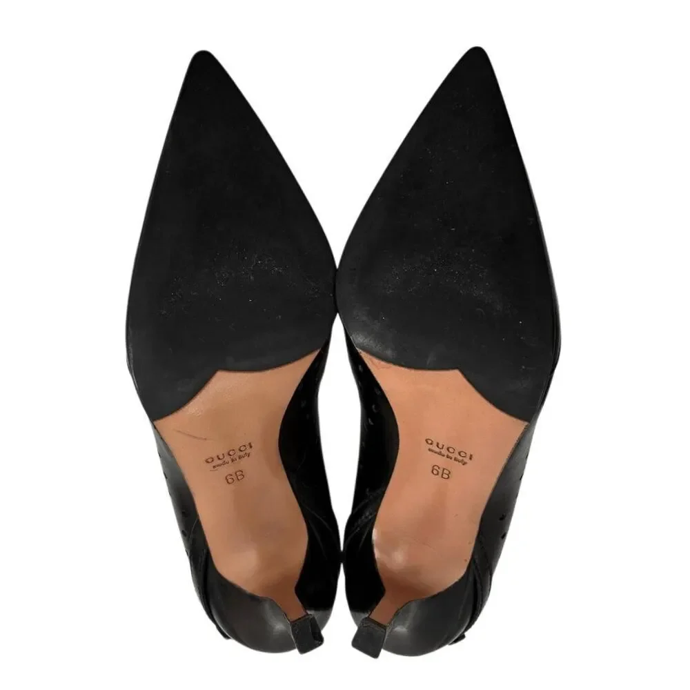 Gucci Interlocking G Black Leather Perforated Pumps Size 6 Womens High Heels - Picture 10 of 13